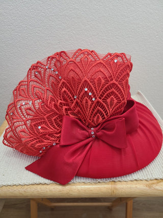 Fabulous Vintage Wide-Brimmed Red Satin Bucket Hat, Large Side Bow|74733