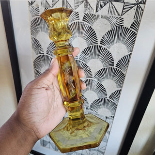Vintage Yellow Depression Glass Candleholder with Etched Flowers (BRI) - MTS|112258