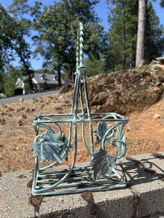 12F Verdigris metal wine carrier ivy basket RSV|89753