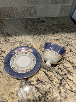 Vintage Iridescent Blue & Gold Lustreware Tea Cup & Saucer RCD|72137