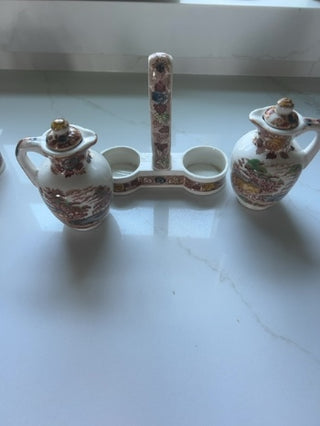 Vintage 3 Pc. Set Nasco Mountain Wood-Land Vinager and Oil Cruet w/ Stand