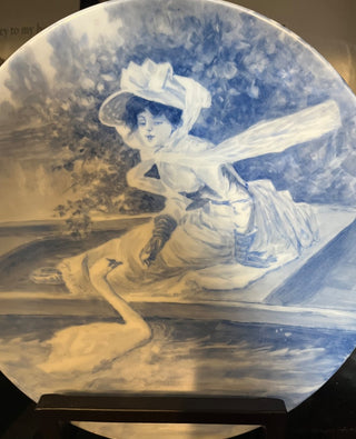 VINTAGE LIMOGE BLUE & WHITE  PLATE VICTORIAN LADY & SWAN NO CRACKS OR CHIPS MADE IN FRANCE (KJS) RCD|73716