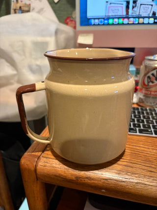 Enamelware - Milk pitcher/flower vase, tan/brown 6", 7"w
