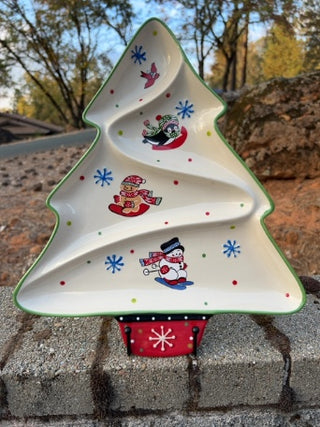 Temptations Winter Whimsy Christmas Tree Shaped Divided Ceramic Dish 14" x 12"