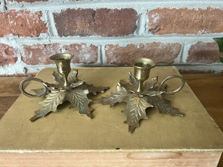 Vintage PAIR Brass Holly Candlestick Holders F&M|89958