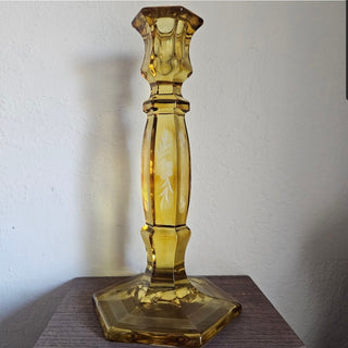 Vintage Yellow Depression Glass Candleholder with Etched Flowers (BRI) - MTS|112257