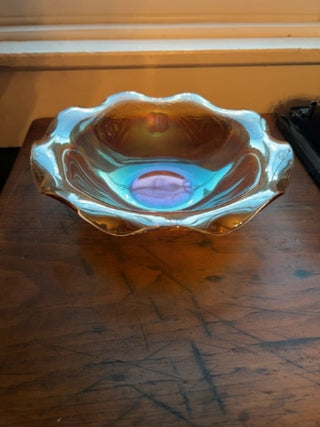 Jeannette Glass Floragold Louisa Ruffled Edge Carnival Bowl
