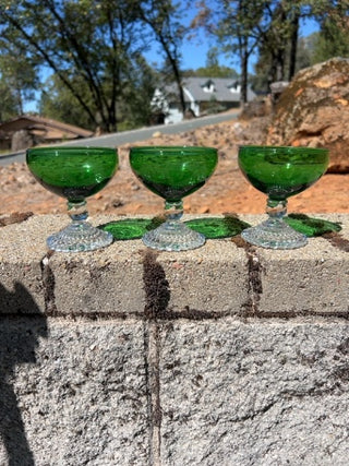 SET OF 3 Anchor Hocking Emerald Green Bubble Feet Champagne / Sherbet Glasses