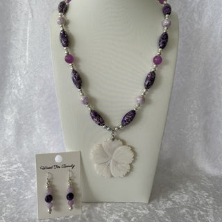 Necklace & earrings set, purple flower pendant RSV