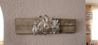 Arthur Court Bunny Plaque (1986)Cast aluminum, pewter tone, mounted on reclaimed wood.Ready to hang. RSV