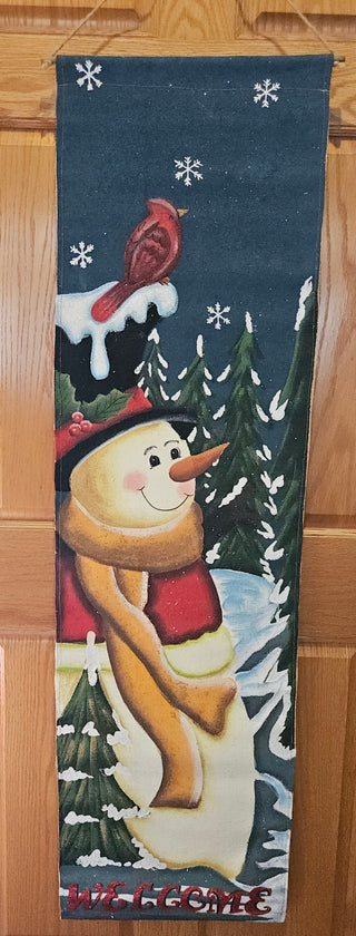 Snowman cardinal welcome wall hanging winter