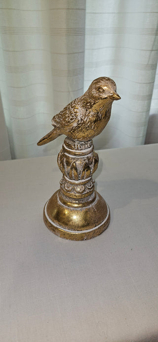 Vintage Gold Distressed Bird Figurine Pedestal Decor 7"