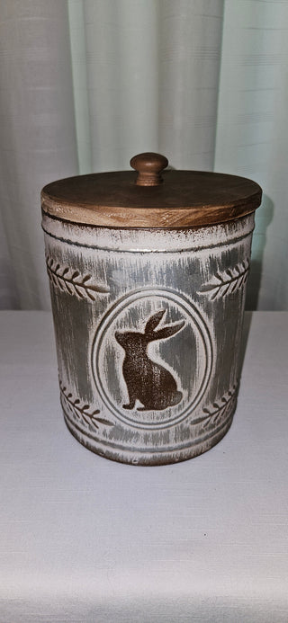 Vintage Style Bunny Tin Canister with Wooden Lid