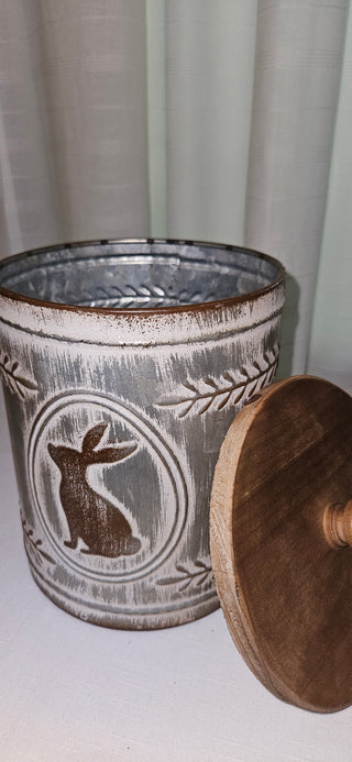 Vintage Style Bunny Tin Canister with Wooden Lid