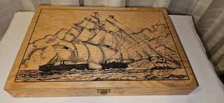 Vintage Wooden Ship Pyrography Storage Box