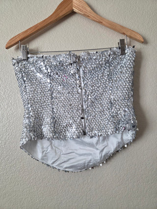 Akira silver sequin strapless top with zipper back 07N