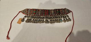 Vintage Afghan Tribal Coin Choker Necklace Red Velvet Backed