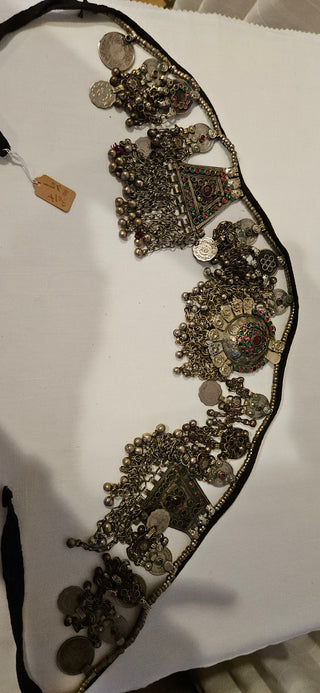 Vintage Afghan Coin Fringe Belt with Gem Accents