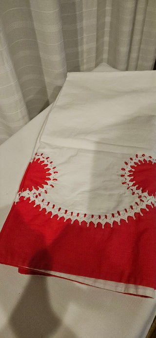 Vintage Red and White Embroidered Tablecloth 34 Inch Square