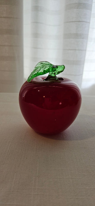 Vintage Red Glass Apple Paperweight with Green Leaf