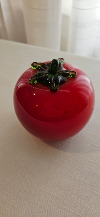 Vintage Red Glass Tomato Paperweight with Green Stem