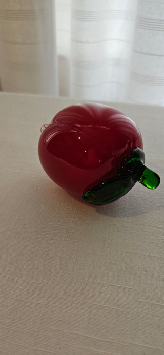 Vintage Red Glass Plum Paperweight with Green Leaf
