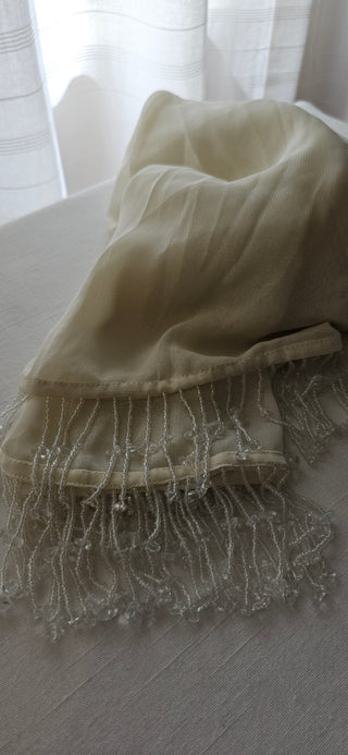 Vintage Cream Beaded Fringe Shawl