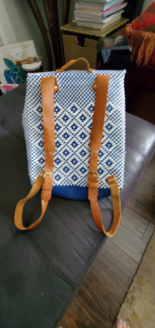 HAND CRAFTED RECYCLED BLUE/WHITE BACKPACK LEATHER TRIM
