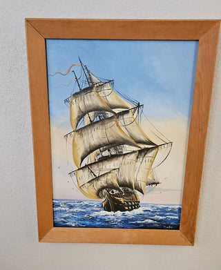 Vintage Sailing Ship Painting Signed Martin Wood Frame