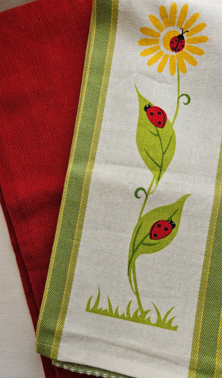 Vintage Ladybug Floral Tea Towels Set of 2, Red&Green