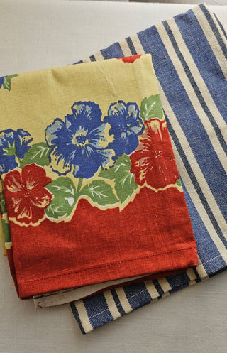 Vintage Floral and Blue Stripe Tea Towels Set