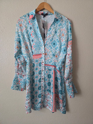 Reveuse teal satin patterned dress - NWT
