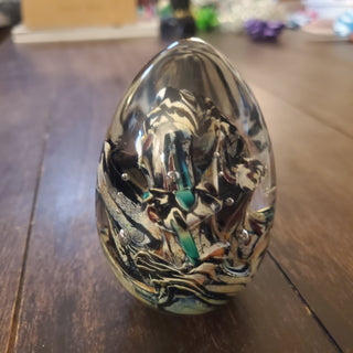 Signed Ceclia Art Glass Egg Paperweight Multi Color