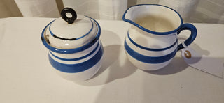 Vintage Blue Stripe Creamer and Sugar Bowl Set