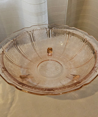 Vintage Pink Depression Glass Floral Footed Bowl