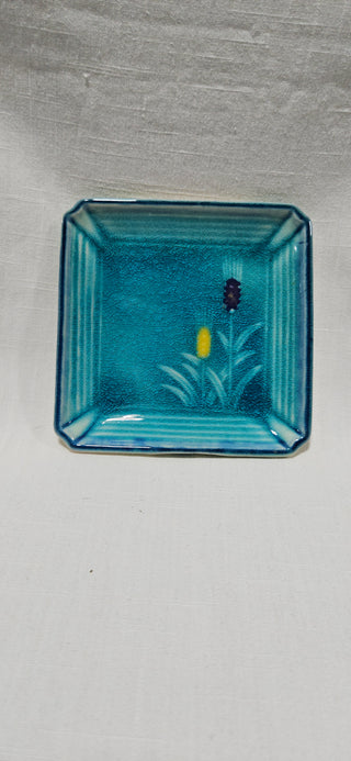 VNTG, Takahashi Turquoise Vintage Floral Cattail 5”x5” Trinket Tray Sushi Plate Spoon Rest Ashtray Soap Dish