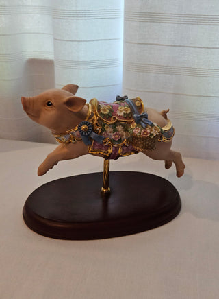 Lenox Blue Ribbon Carousel Pig Figurine on Wood Base