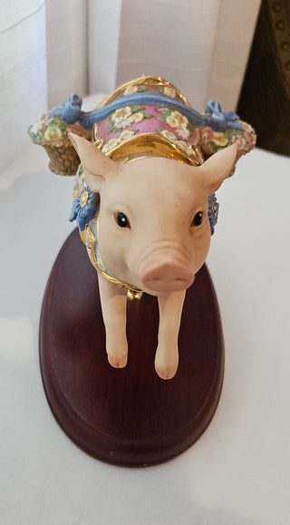 Lenox Blue Ribbon Carousel Pig Figurine on Wood Base