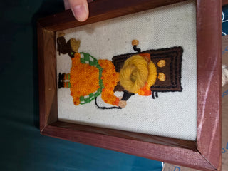 Vintage cross stitch girl talking
