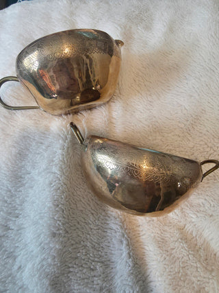 Asian Brass Hand Stiped Floral Creamer & Sugar Bowl Set w/ Handles, 2pc
