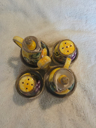 vintage italian majolica pottery condiments set Hand Painted with Holder