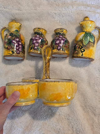 vintage italian majolica pottery condiments set Hand Painted with Holder