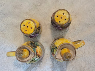 vintage italian majolica pottery condiments set Hand Painted with Holder