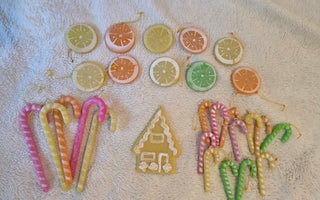 VTG SEARS Roebuck 70S SUGARED Candy FRUIT CHRISTMAS ORNAMENTS PASTEL