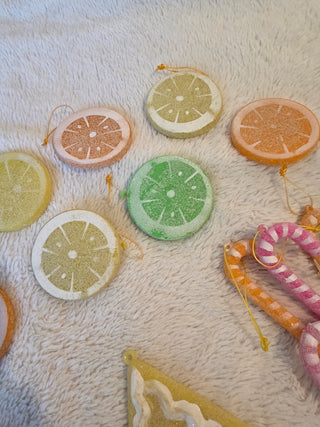 VTG SEARS Roebuck 70S SUGARED Candy FRUIT CHRISTMAS ORNAMENTS PASTEL
