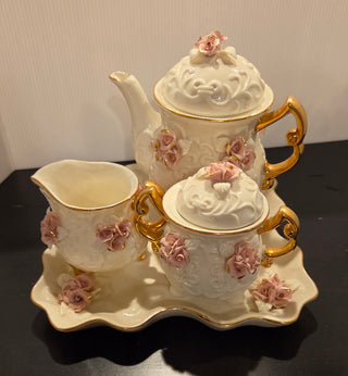6 pc Pink Roses w Gold Tea Set
