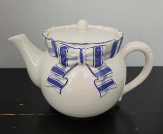 2 pc White Teapot Blue Bow