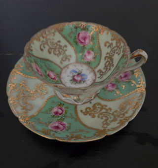 2 pc green pink tea cup saucer