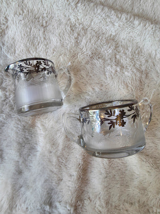 Vintage Clear Glass Creamer & Sugar Bowl Set Wtched Glass With Silver Overlay