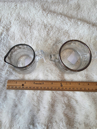 Vintage Clear Glass Creamer & Sugar Bowl Set Wtched Glass With Silver Overlay